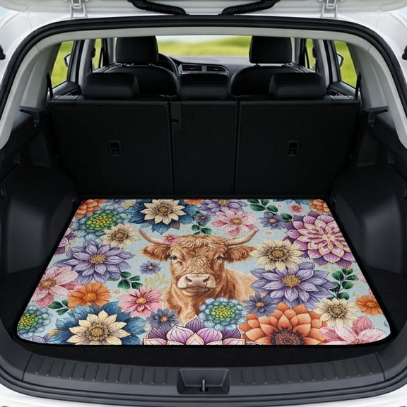 Jeiento Highland Cow Flower Car Cargo Liner 29"x39", All Weather Anti-Scratch Trunk Mat for Camping Beach Trips SUV Sedan Truck