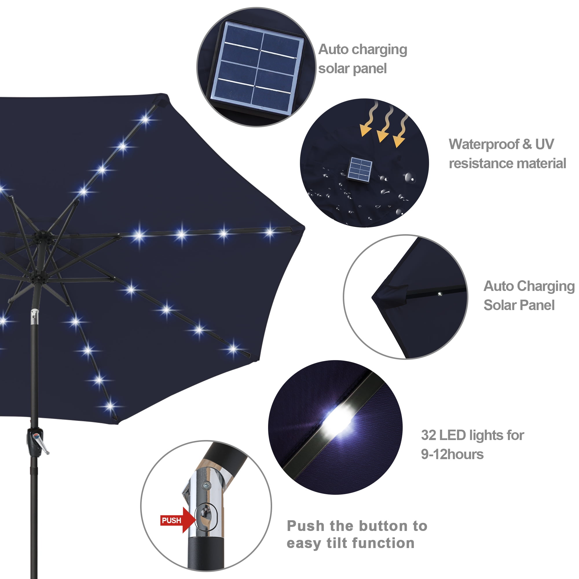 ABCCANOPY 7.5ft Patio Solar Umbrella LED Outdoor Umbrella with Tilt and Crank, Navy Blue