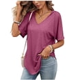 thumbnail image 3 of Kinrui Womens Short Sleeve Hooded T-Shirts Casual V Neck Loose Fit Lightweight Solid Color Pullover Top Wine L, 3 of 8