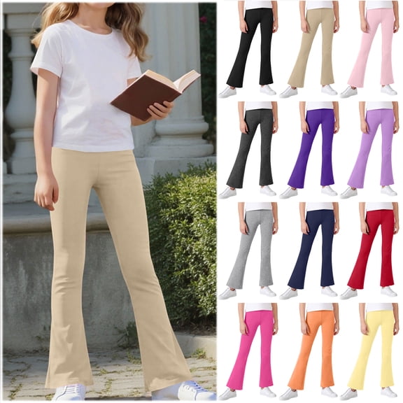 Bloomae Flare Leggings for Girls School Uniform Workout Tights Basic Solid Color Athletic Yoga Dance Bootcut Pants Elastic High Waist Bell Bottoms Casual Kids Cotton Clothes 5-14 Years