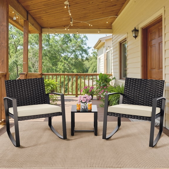 3 Pieces Patio Furniture Set Rocking Bistro Set, Asofer Outdoor Rattan Conversation with Cushion for Garden Balcony Backyard Poolside
