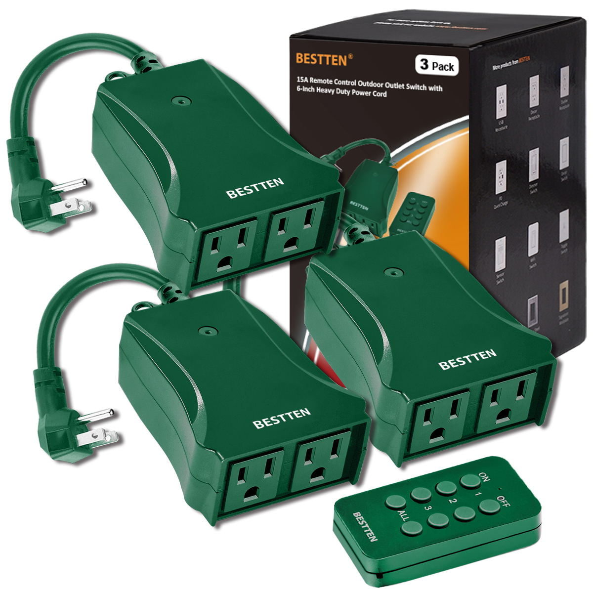 [3 Pack] BESTTEN Wireless Outdoor Remote Control Outlet with 6Inch