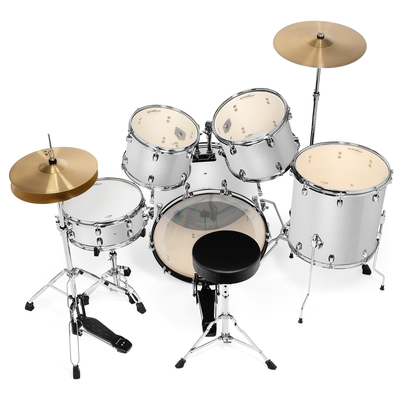 Ashthorpe 5-Piece Full-Size Adult Drum Set with Remo Drumheads & Premium Brass Cymbals - Silver