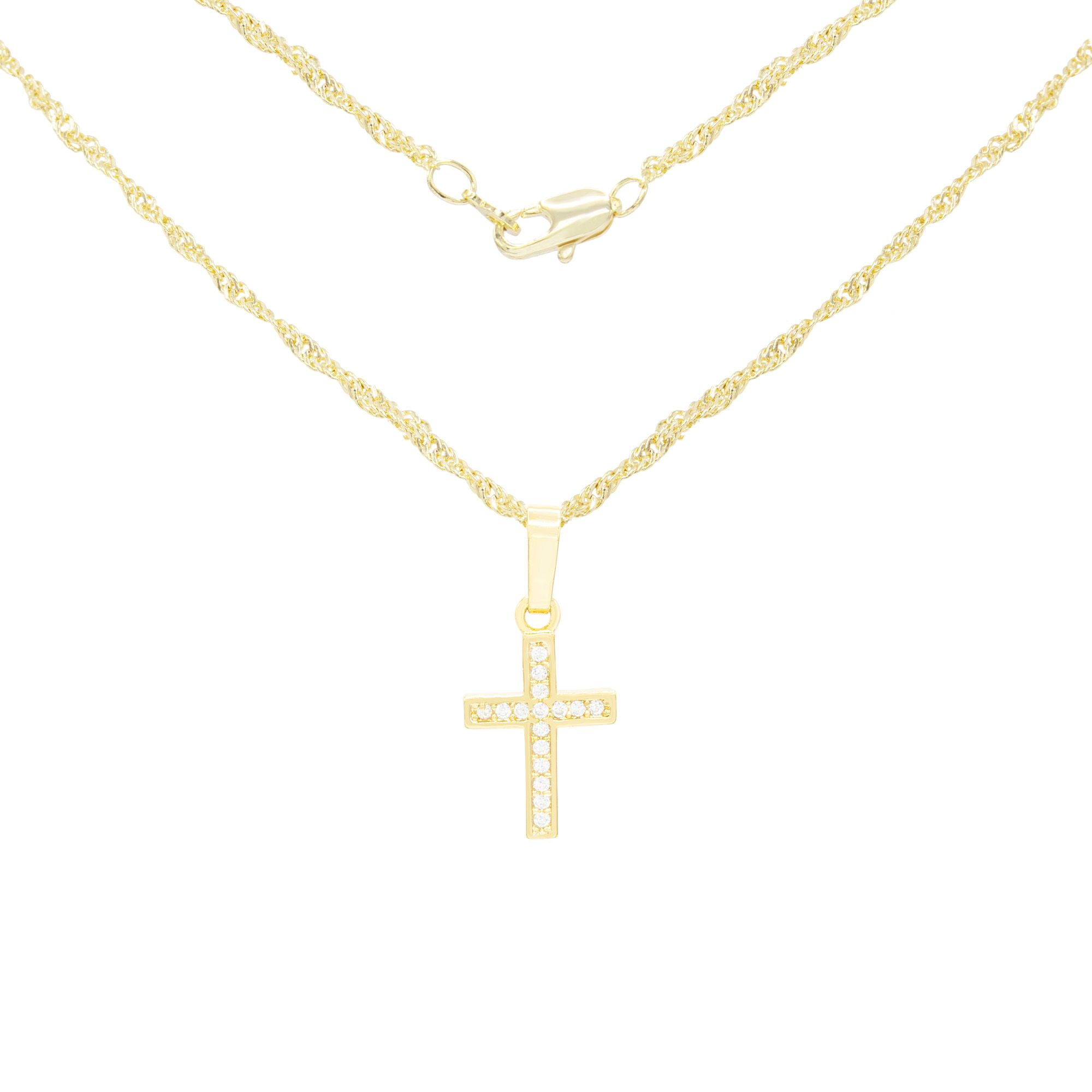 BEBERLINI Cross Pendant 14K Gold Filled 18" Necklace Set Rope Chain 2.2 mm Cubic Zirconia Charm Jewelry for Women Adult Female Girl Brass