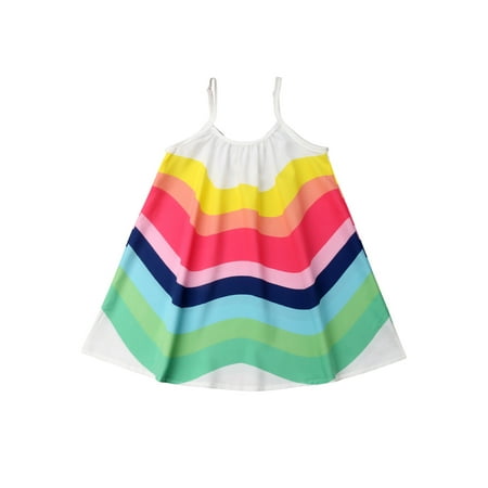 

Fullvigor Baby Girl Sleeveless Rainbow Stripe Print Summer Dresses 1-6Y
