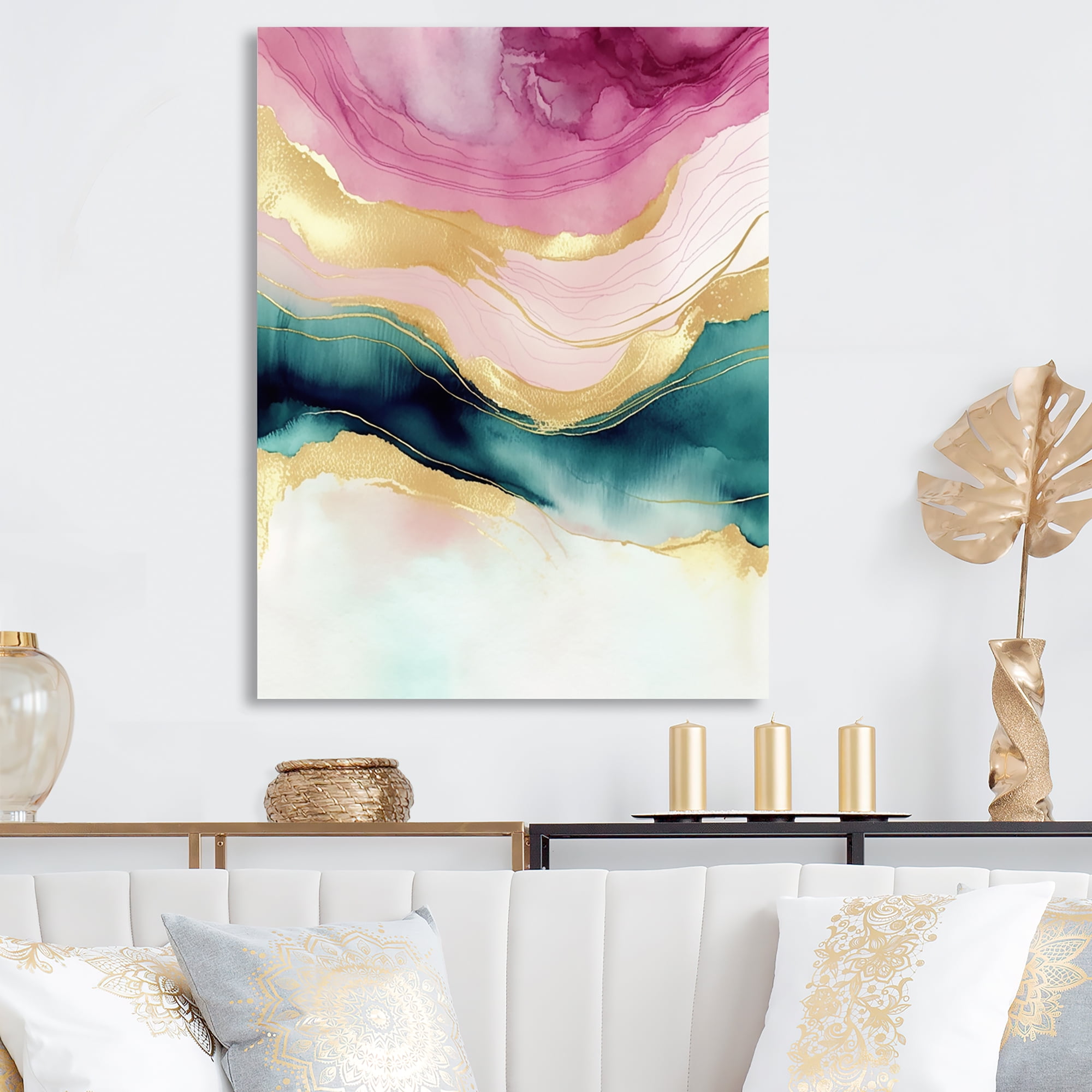 Designart Abstract Geode Marble Waves Pink III Canvas Wall Art