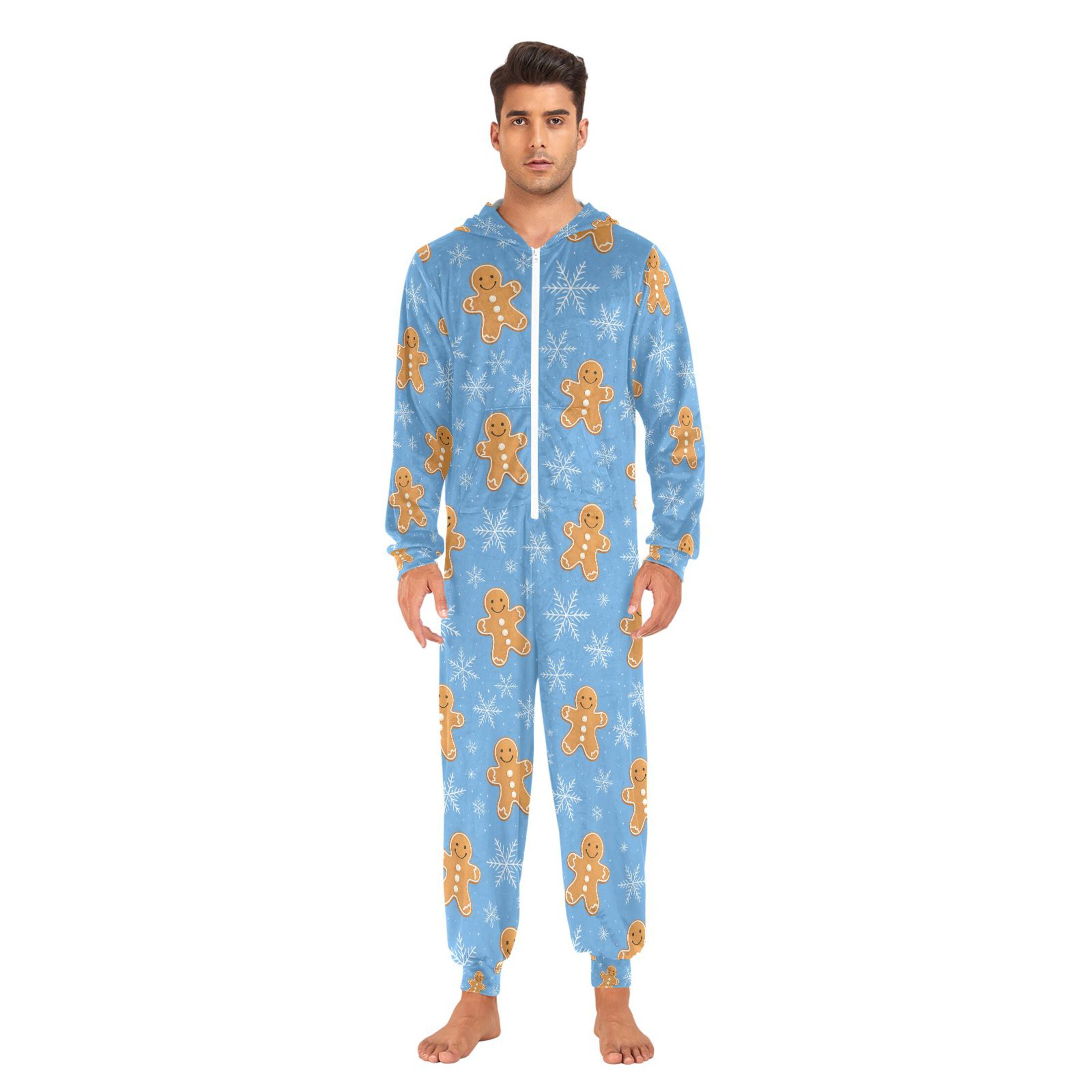 Adult Christmas Onesie Snowflake Cookie Man Blue Background Adult Zipper One-Piece Pajamas Unisex Pajamas with Pockets