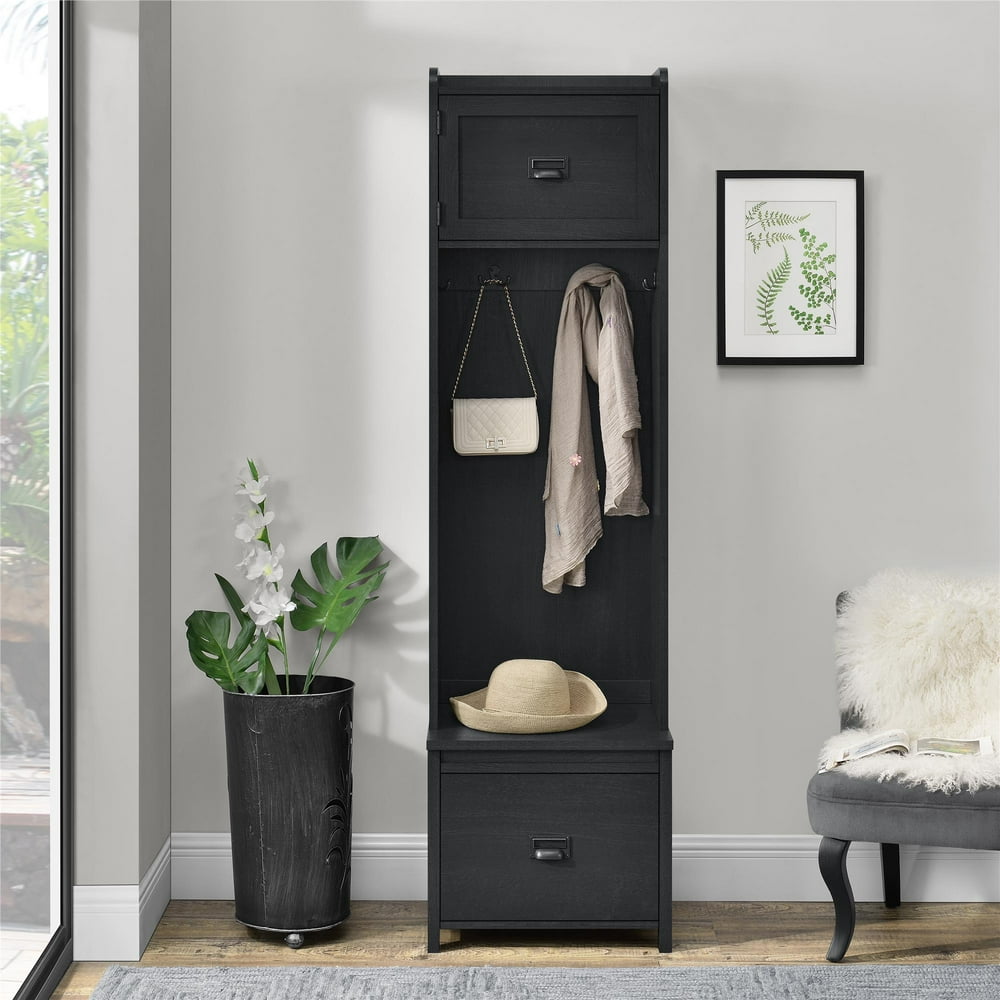 SystemBuild Farmington Entryway Hall Tree with Storage Bench, Black Oak