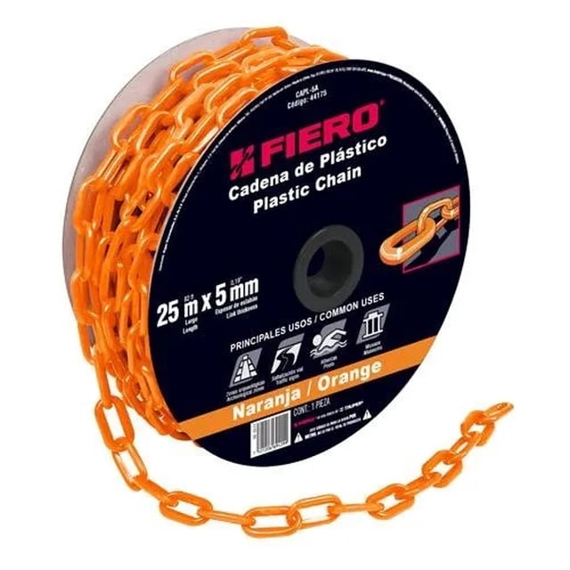cadena plastica 5 mm x 25 mt naranja fiero 44175 fiero capl-5a Fiero cadena plástica naranja de 25 m y 5 mm en carrete frontal; eslabones alargados de 25 mm de ancho y 6 mm de diámetro visibles, etiqueta negra con logo Fiero. Suele usarse para delimitar áreas o como barrera temporal.