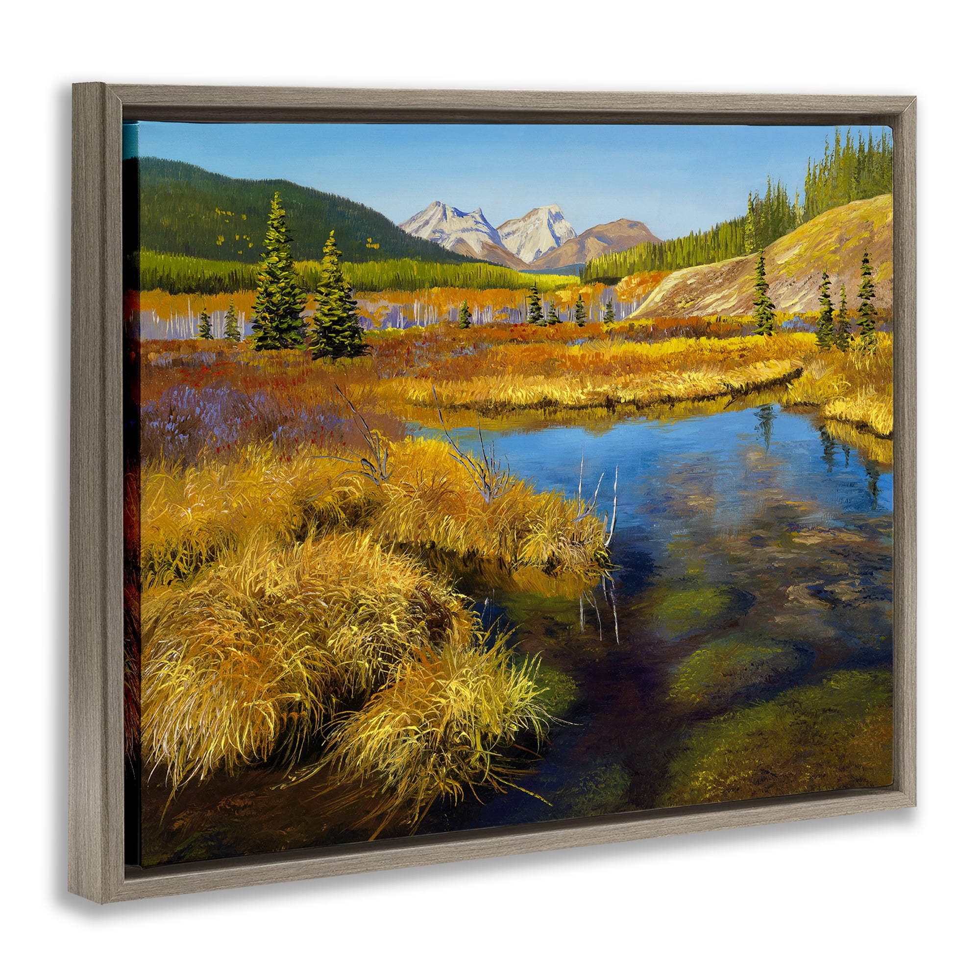 Stupell Industries Lush Pond Landscape Landscape & Nature Painting Brown Floater Framed Canvas Art Print Wall Art, 21 x 17