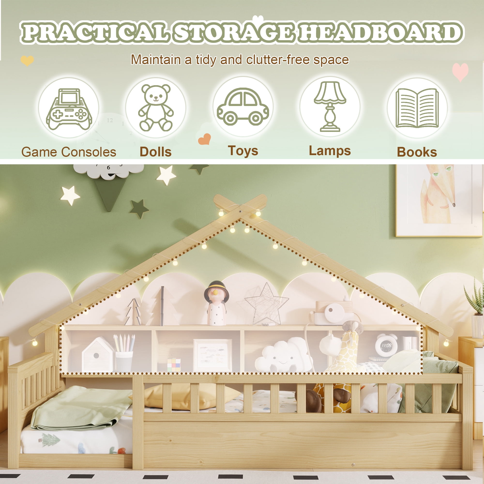 Mirightone Twin Size Montessori Floor Bed with LED Light, Storage Bookcase & Safety Rail, Solid Pine Wood  House Floor Bed, No Box Spring Needed(Natural)
