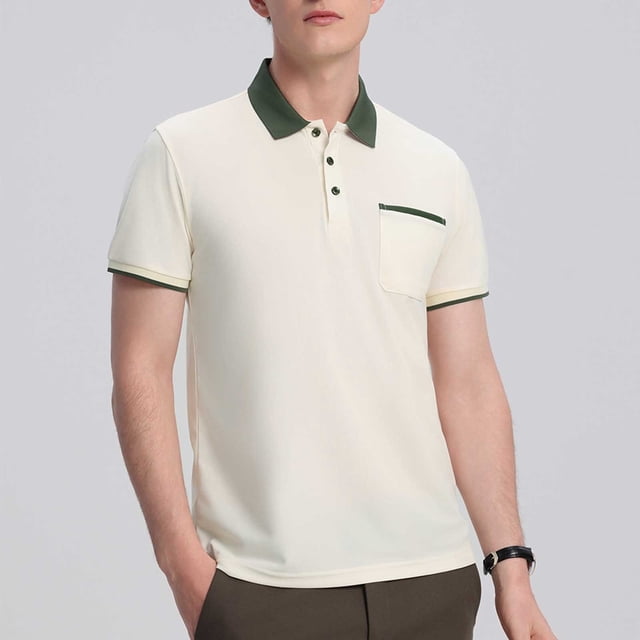 Camisa Elvqul para Caballero Playa sin Estampado Beige Manga Corta Polo Solapa Abotonada