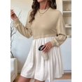 thumbnail image 5 of Women'S Color Block Round Neck Long Sleeve Ruffle Hem Casual A Line Short Dress Khaki L, 5 of 7