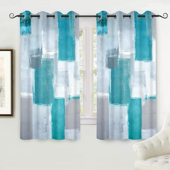 Turquoise Curtains Abstract Art Grommet Blackout Curtain Teal Blue White and Grey Modern Art Oil Painting Print Thermal Insulated Living Room Bedroom Window Drapes 53"W x 84"L (Pack of 2)