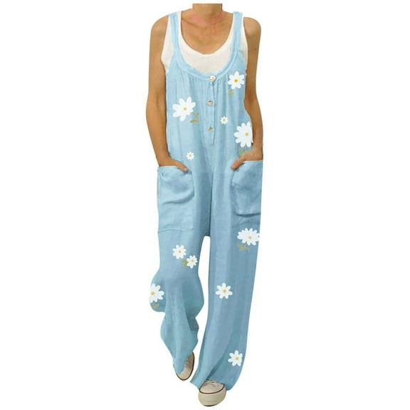 Jumpsuits for Women Dressy Plus Size Fashion Loose Baggy Button Long Jumpsuits with Pocket Summer Round Neck Sleeveless Daisy Print Maxi Formal Rompers Blue l