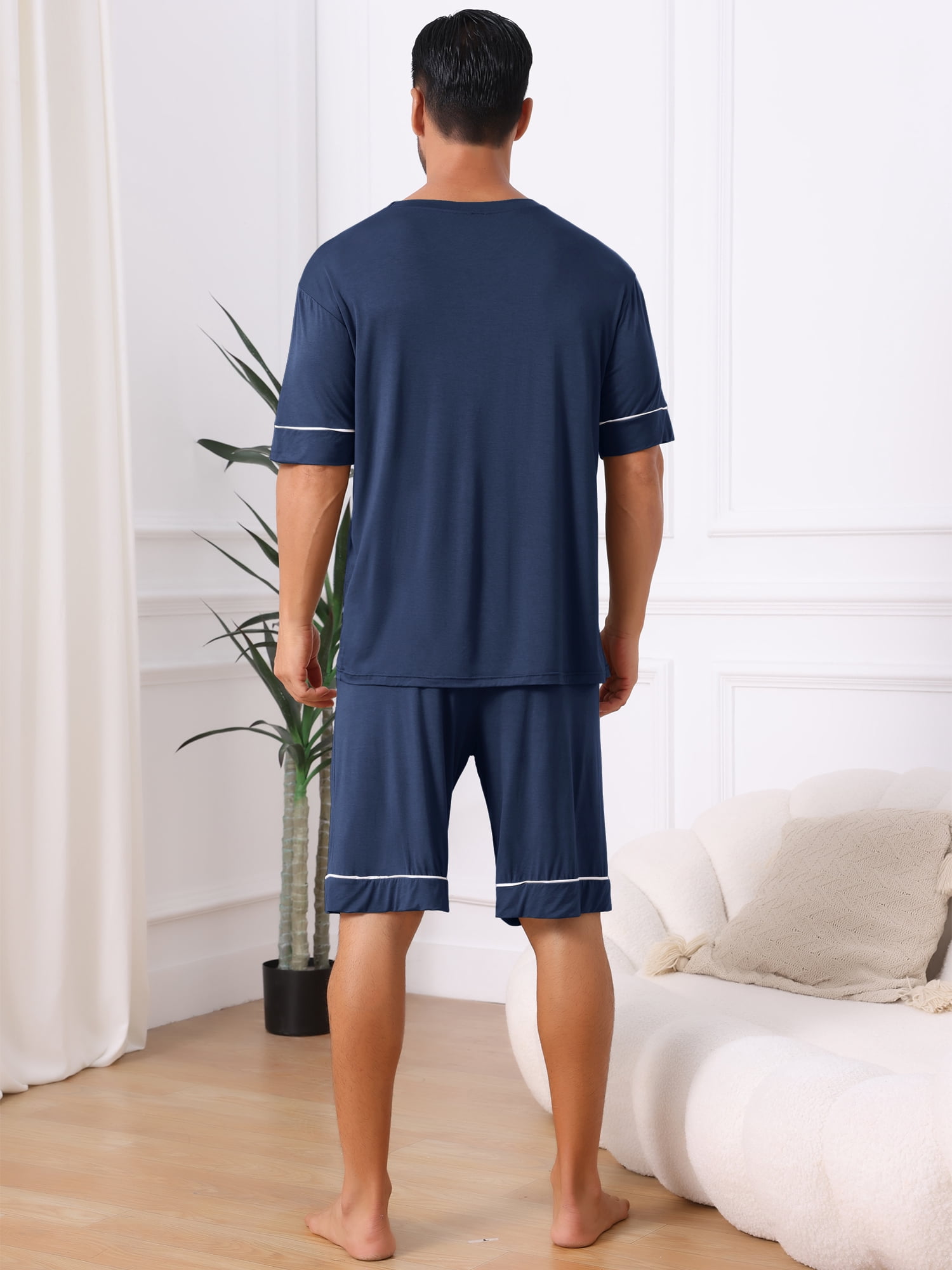 DARING DIVA Men's Soft Nightwear Summer Crew Neck Pajama Set with Pockets L Dark Blue
