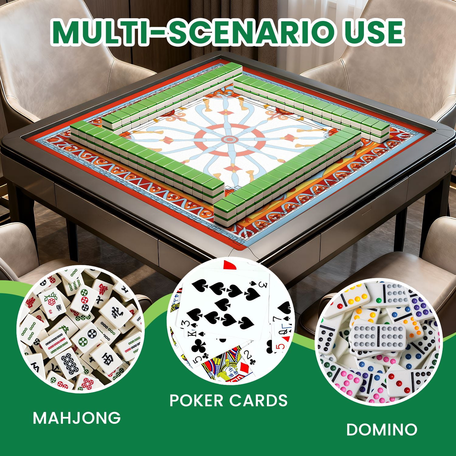 Mahjong Mat 31.5" x 31.5" Elegant Ornate Swirls Flourishes Red Blue Yellow Non-Slip Noise Reduction American Mahjong Tiles Table Cover for Dominoes Poker Card Board Games Gift