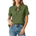 thumbnail image 3 of TGSLY Bow Tie Front Linen Tops for Women Lightweight Soft Keyhole Short Sleeve T-Shirts Dressy Casual Solid Color Breathable Crinkle Blouses M, 3 of 9