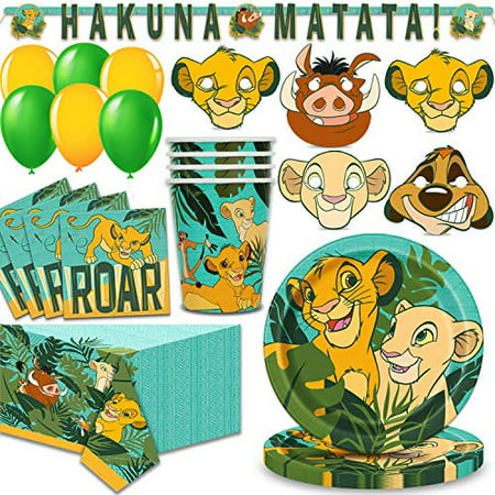 Lion King Party Supplies for 16 - Large Plates, Napkins, 16 Masks, Table Cover, Cups, Hanging Banner, Balloons - Great Disney Decorative Birthday Set with Simba, Timon, Pumbaa, Sarabi, Nala and More!