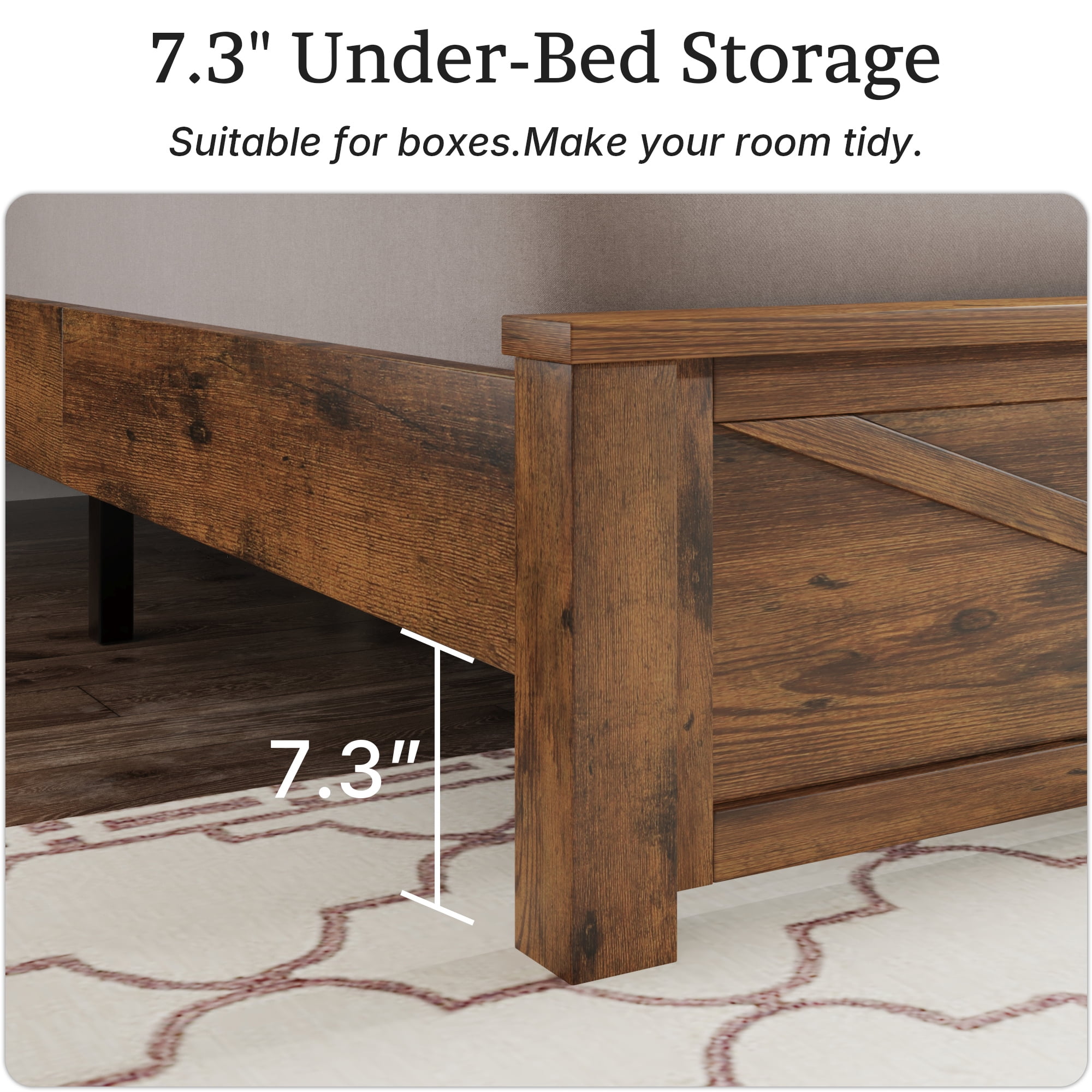 BSHTI King Bed Frame with Wooden Headboard, Country and Farmhouse Style, Brown