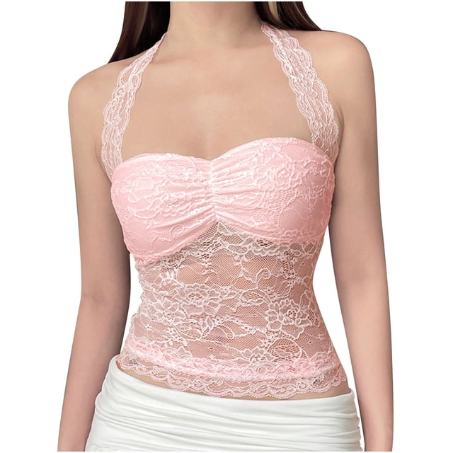 Tops For Women, Halter Neck Lace See Through Blouse, Off Shoulder Sleeveless Top For Summer Going Out