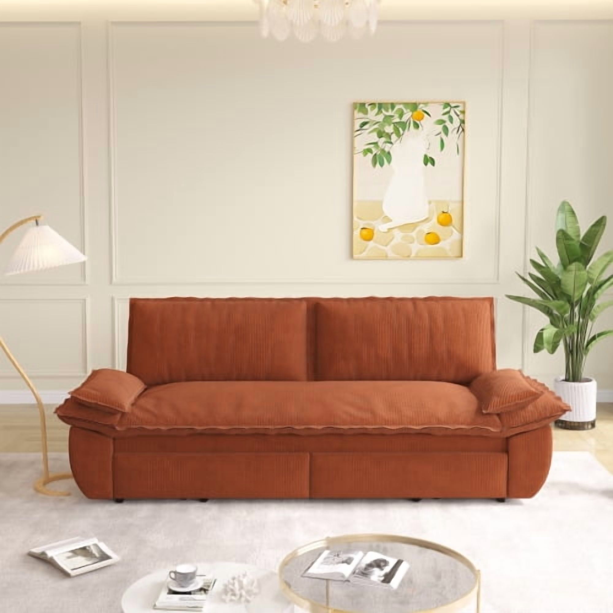 73.2" Queen Pull Out Sofa Bed, 3-in-1 Convertible Sleeper Sofa, Multi-Functional Corduroy Loveseat Couch with Pull-Out Bed, Orange
