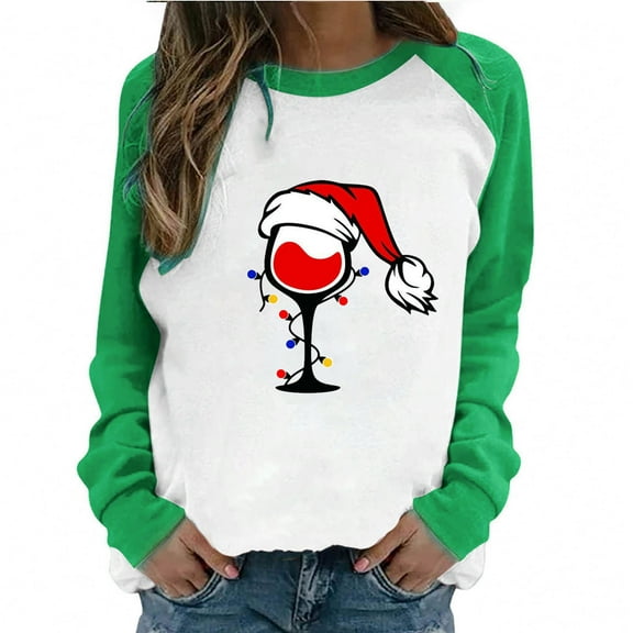Fesfesfes Women's Raglan Sweatshirt Christmas Printed Long Sleeve Shirts Xmas Round Neck Casual Tops Under $10