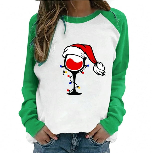 Camiseta informal de manga larga con cuello redondo y estampado navideño de retazos de primavera para mujer Fridja bvmnju1643