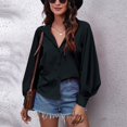 thumbnail image 3 of Blusa con cuello en V y manga farol para mujer Camisa con botones y cuello en V de color puro para uso diario Negro L, 3 of 6