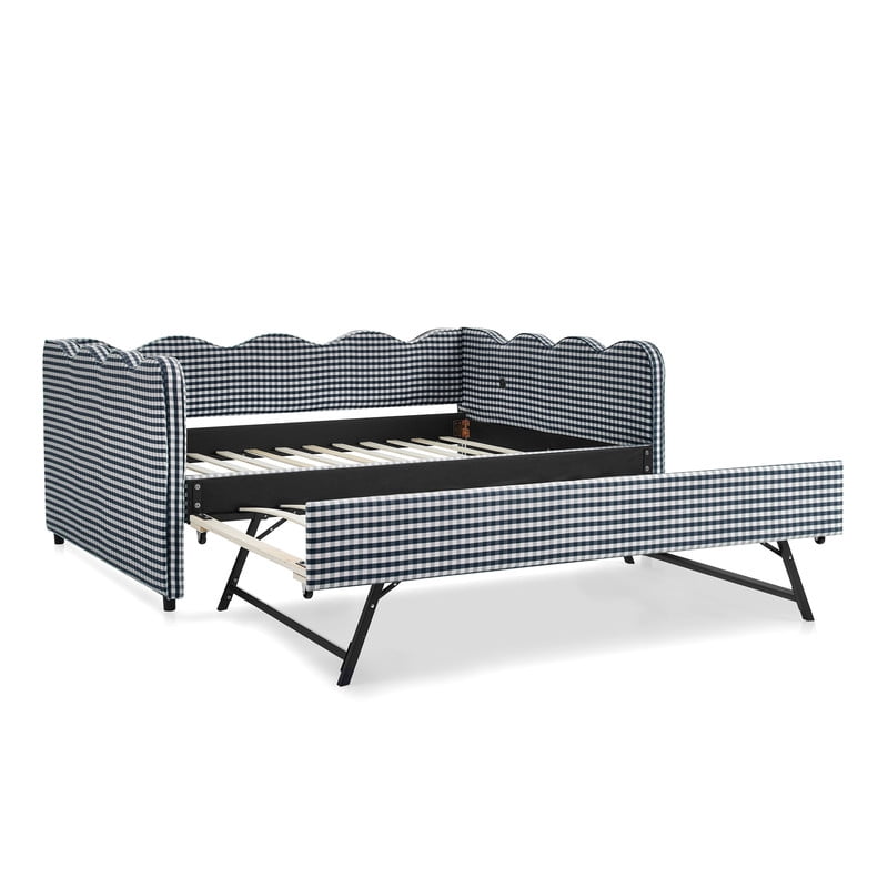 Full Size Upholstery Daybed with Trundle and USB, Full to King Design Wave Shaped Extendable Linen Sofa Bed, No Box Spring Required, for Living Room and Bedroom