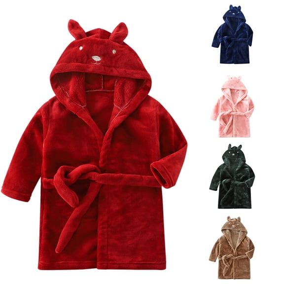 REDARER Boys Girls Solid Bear Hooded Bathrobe Bear Ear Hood Self Tie Belt Ultra Soft Warm Flannel Kids Sleep Bath Robe,2-3 Years