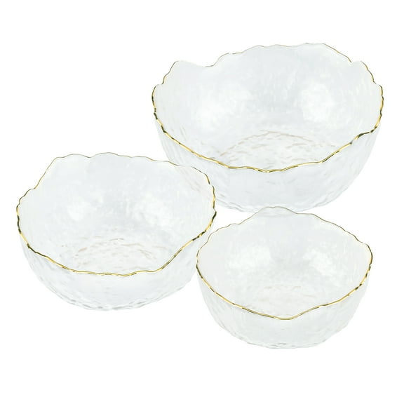 Navaris Glass Serving Bowls - Set of 3 Gold Edge Tempered Glass Dessert Bowl Dishes for Ice Cream, Jelly, Fruit, Hot, Cold Food- Small, Medium, Large