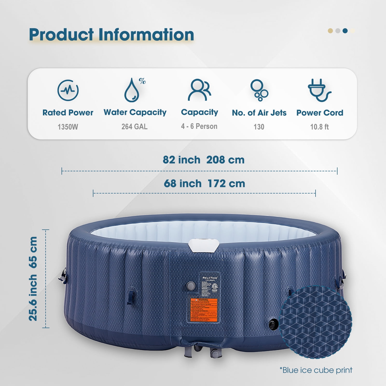 RELXTIME 4-6 Person Inflatable Hot Tub Pool Round Portable Outdoor Spa with 130 Massage Jets, Blue