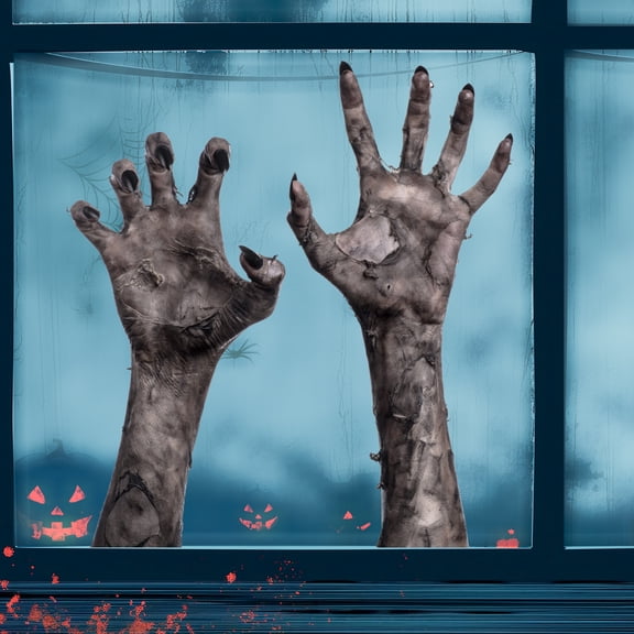 2 Pcs Scary Zombie Hand Window Clings, Realistic Ghost Claw Halloween Decor, Reusable Double-Sided PVC Static Decals for Haunted House Glass Door 9.8in