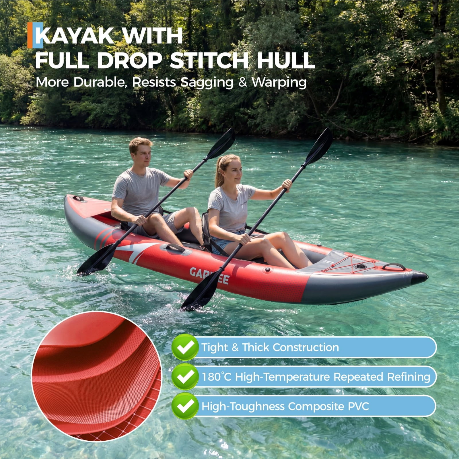 AIKKYS 2 Person Inflatable Kayak,12.5FT Fishing Kayak for Adults,Portable Touring Kayak with Padded Seats,3 Fins,Hand Pump,Carry Bag,450 LBS Capacity,Red & Grey