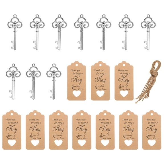 Vintage Key Bottle Openers, 10 Pcs Wedding Party Favor Souvenir Gift Set with Thank You Tag, Organza Bags,, Silver
