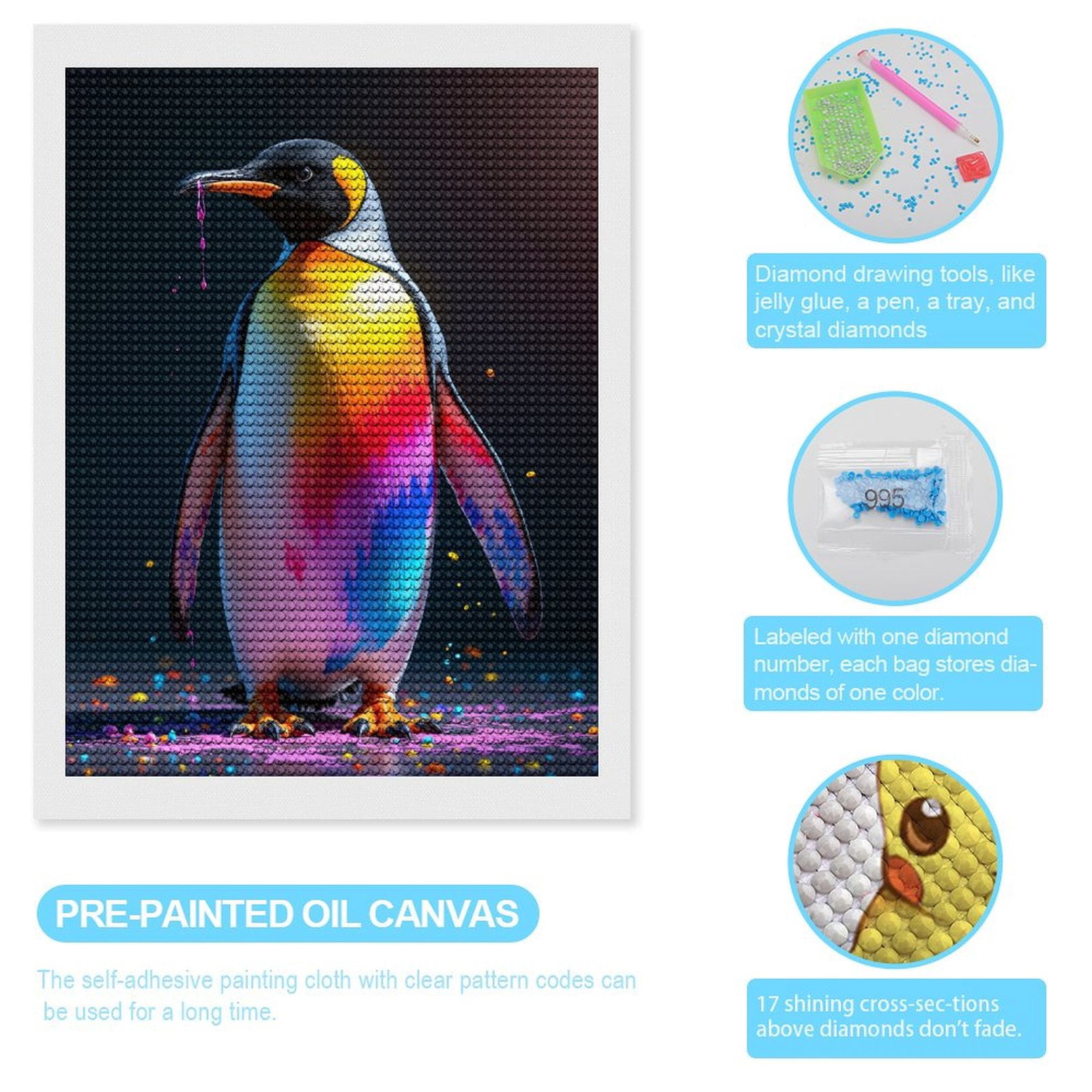 Diamond Art Kits for Adults, Colorful Penguin Paint Splatter 5D Diamond Painting Kits for Adults Beginners, DIY Full Drill Diamond Painting, Gem Art and Crafts 12x16