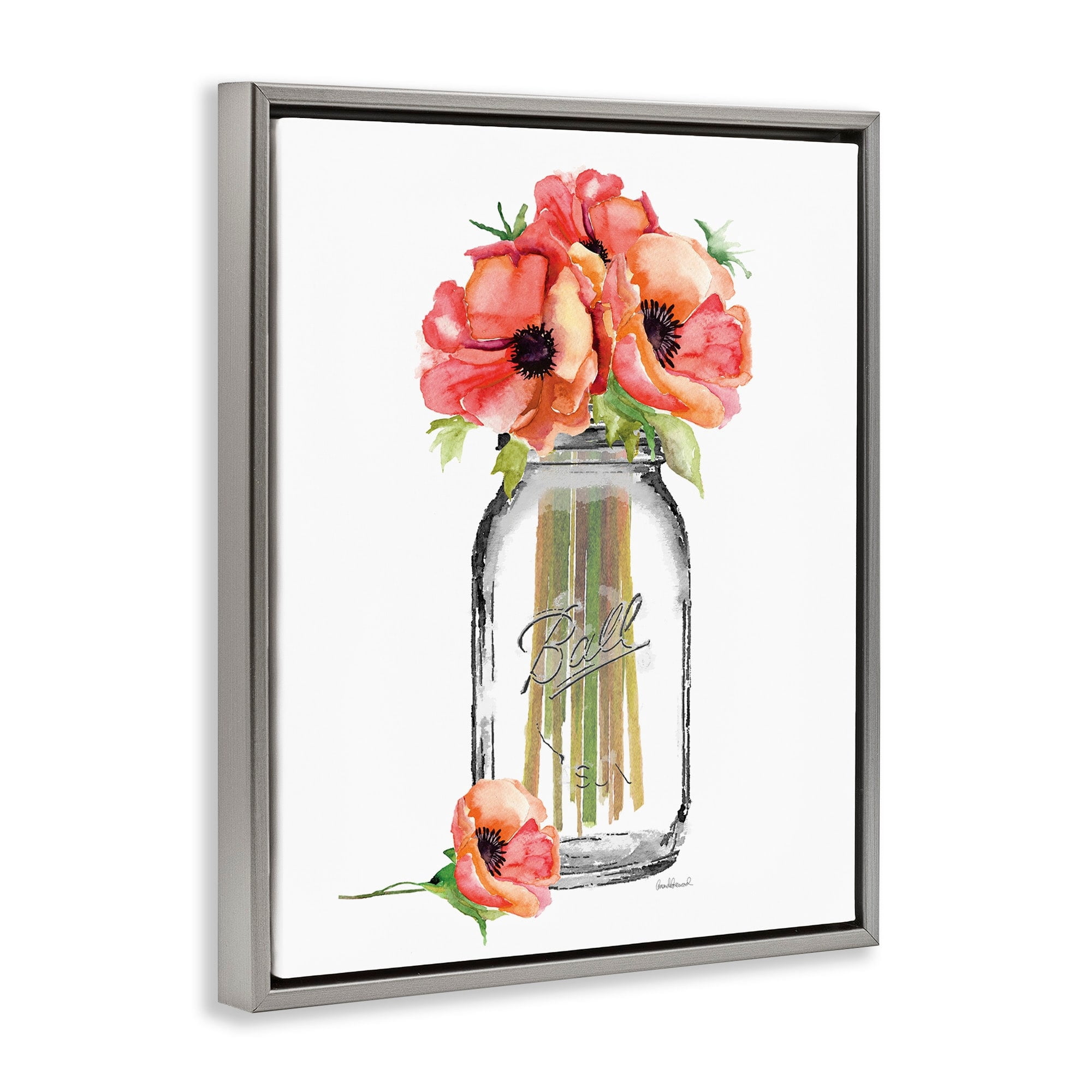 Stupell Industries Mason Jar Poppys Luster Gray Framed Floating Canvas Wall Art, 24x30, by Amanda Greenwood