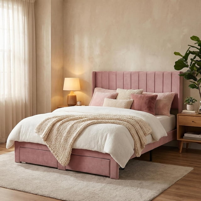 Upholstered Bed Frame with Storage Drawer, Heavy-Duty Steel Framework & Wooden Slats, Tufted Headboard, No Box Spring Needed