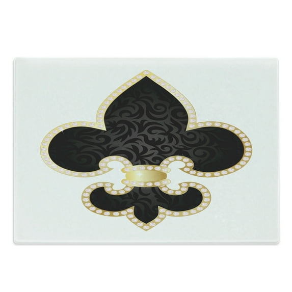 Fleur De Lis Cutting Board, Royal Lily France Empire Family Insignia Design Image, Decorative Tempered Glass Cutting and Serving Board, Large Size, Yellow Black White, by Ambesonne