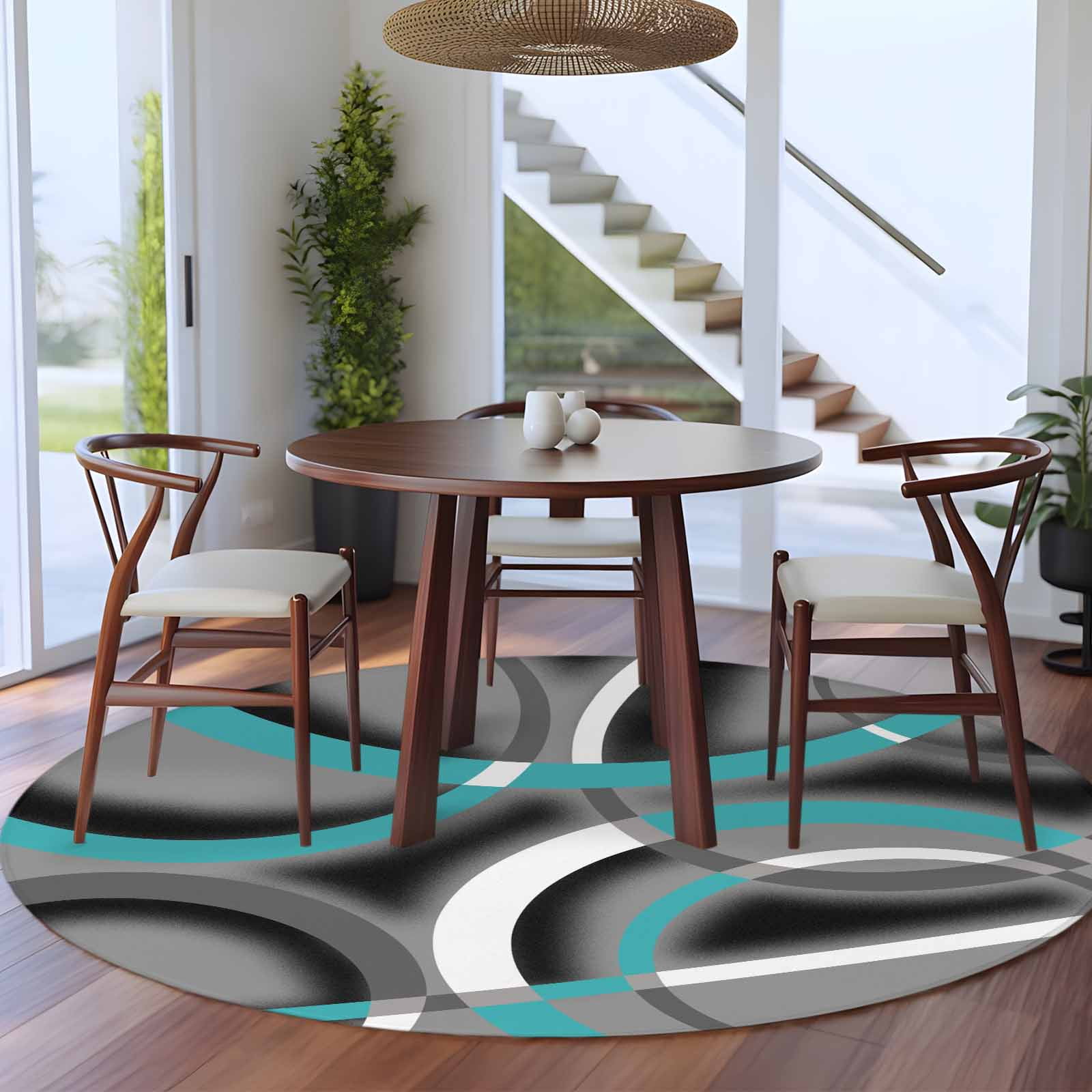 Modern Abstract Art Round Living Room Rugs 5 ft, Retro Blue Grey Geometric Circle Washable Area Rug with Non-Slip Sturdy Edge Binding Round Carpet for Entryway Kitchen Bedroom Bathroom