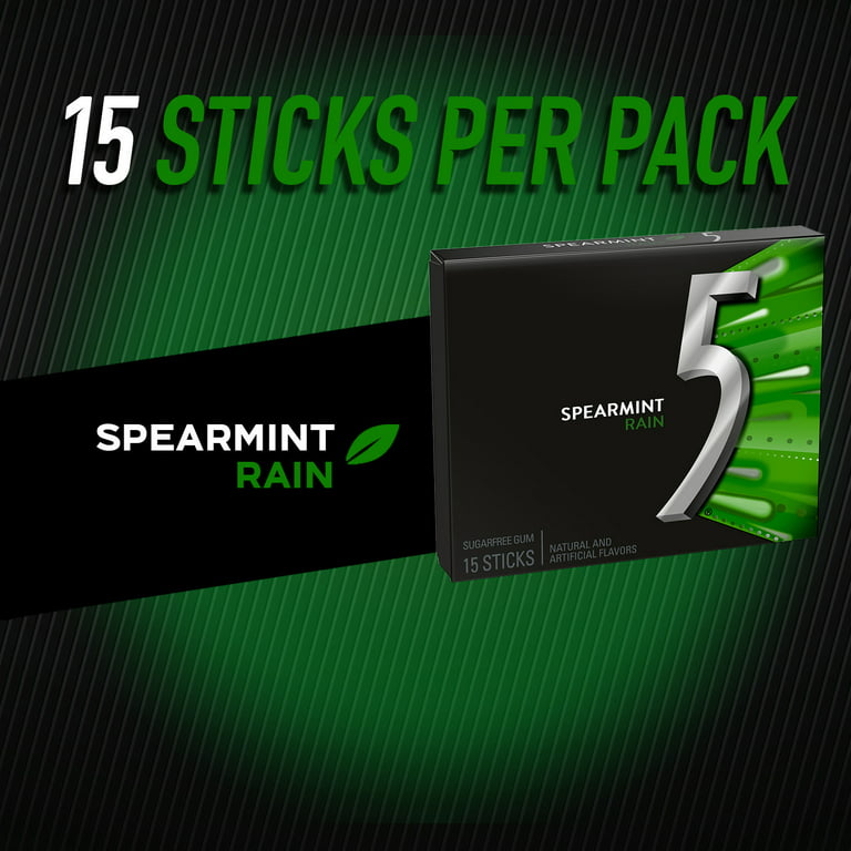 5 Gum Spearmint Rain Sugarfree Gum, Each 18 Count of 15 Sticks