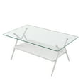 thumbnail image 6 of Rectangle Glass Coffee Table with Double Layer Storage Center, Modern Clear Coffee Table Tea Table Cocktail Table with White Sturdy Metal Legs for Living Room Home Office, Transparent Tempered Glass, 6 of 9