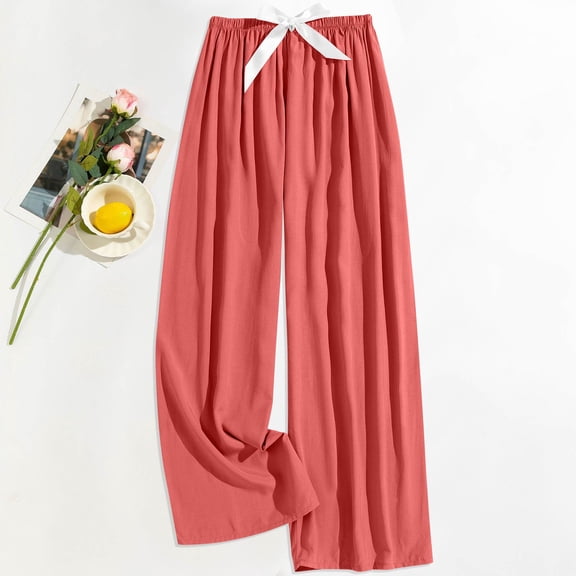 Pants for Women Wide Leg Drawsting Elastic High Waisted Comfy Casual Pants Watermelon Red Free