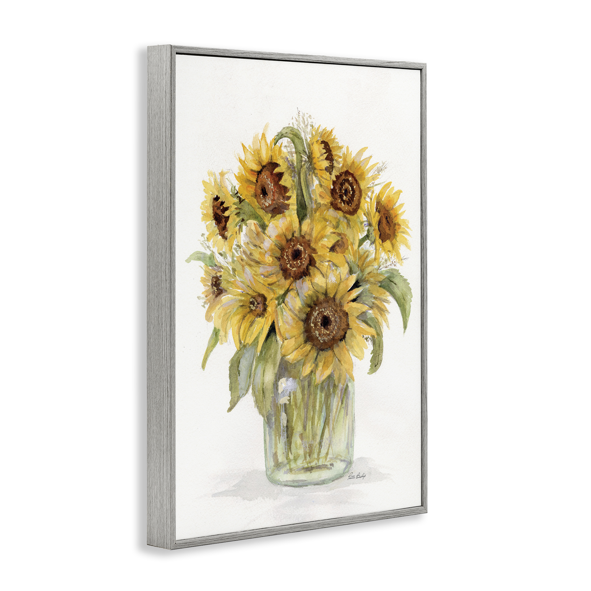 Stupell Industries Sunflower Jar Bouquet Botanical & Floral Painting Gray Framed Art Print Wall Art, 12 x 18