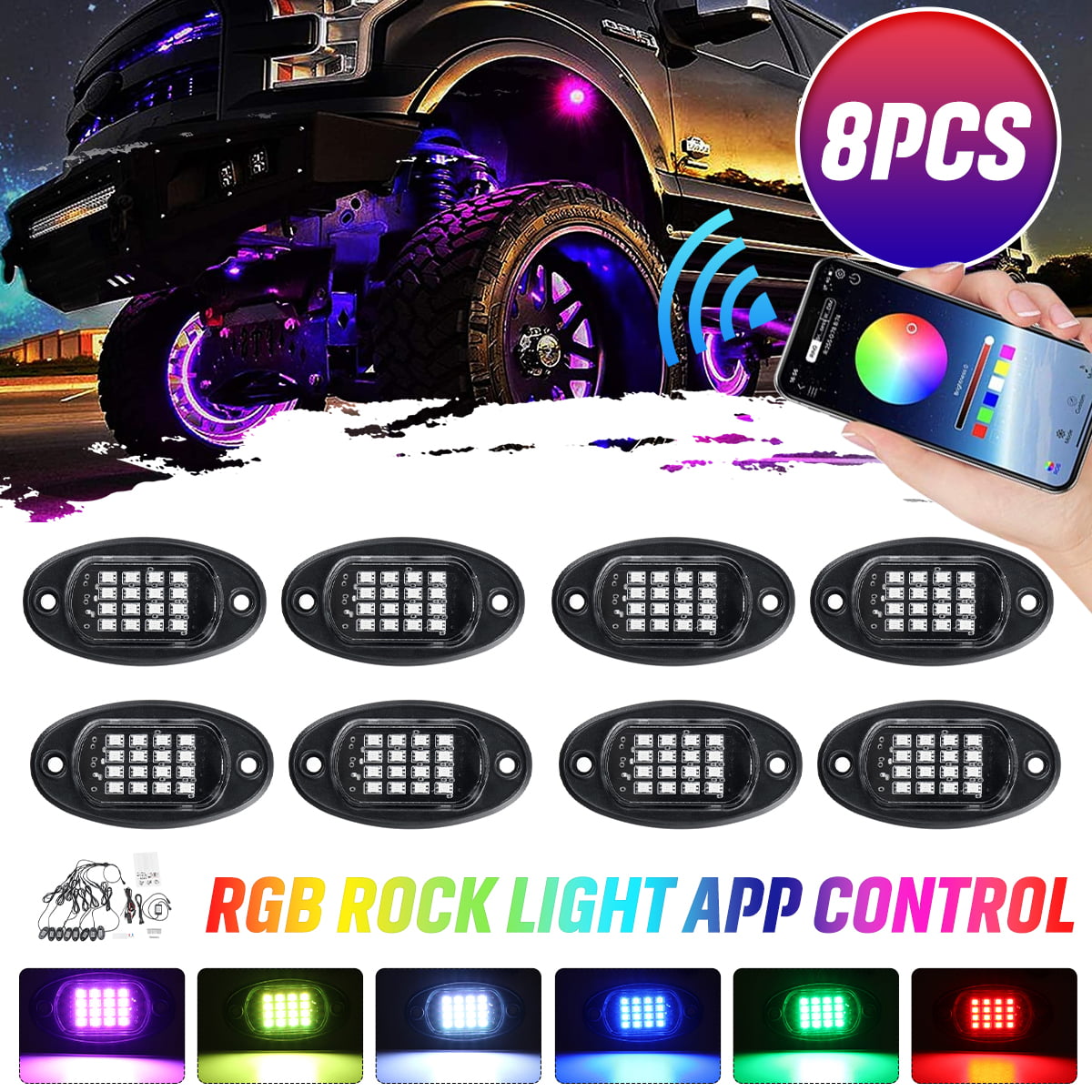 RGB LED Rock Lights Kit Flashing Mode Music Timing Exterior Under Glow Lighting for Jeep Truck Car Off Road UTV ATV SUV 8 Pods Multicolor Underglow Neon Chasing Rock Light with APP/Remote Control 