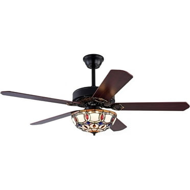 Tiffany Style Ceiling Fan Light with Remote Control, 52 Inch Mediterranean Style Stained Glass Vintage LED Ceiling Fan with 3 Speeds & 3 LED Lighting & 8 Hours, Reversible Wooden Blades, Mute Motor
