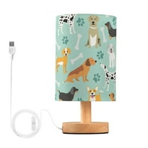 Cute Dogs and Paws on Blue Bedside Table Lamp LED Warm Lights with USB Charging Port Retro Cylinder Desk Lamps