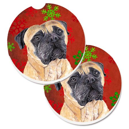 

Mastiff Red & Green Snowflakes Holiday Christmas Set of 2 Cup Holder Car Coaster