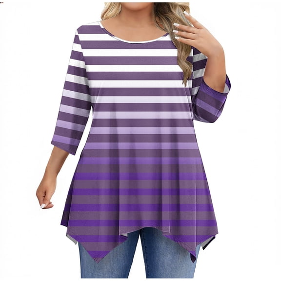 Sexlip Plus Size Women's Gradient Striped Handkerchief Hem Tunic Tops Long Sleeve Crewneck T-Shirts Loose Dressy Casual Blouse Purple XL